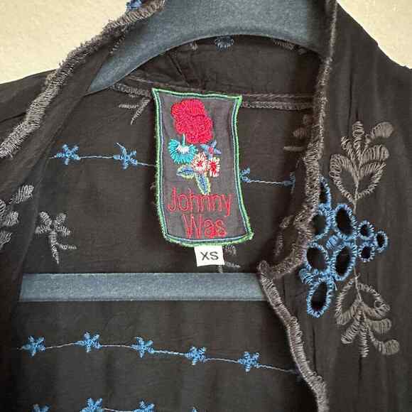 Johnny Was Open Front Embroidered Cardigan Sheer Black Blue Floral High Low Hem - Picture 6 of 10